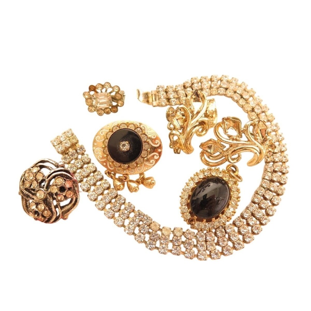 Vintage Rhinestone Bracelet‎ Earrings Enamel Pins Jewelry Lot 4 Restoration*A680
